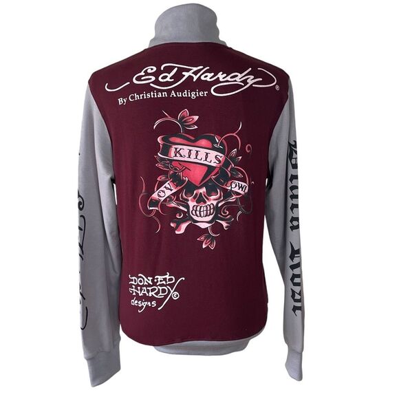 Ed Hardy Tops - Ed Hardy Love Kills Zip Up Maroon Size XL